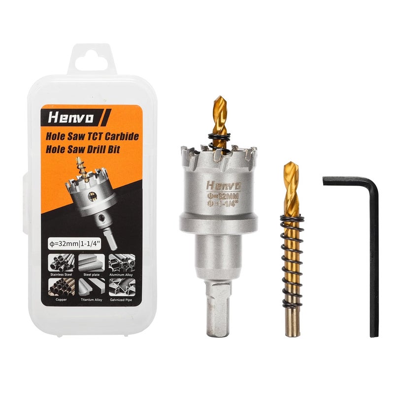 Henvo Hole Saw 1-1/4" (32mm) Heavy Duty Carbide with 2 Pilot Drill Bits - Metal Hole Cutter Cuts Stainless Steel, Iron, Copper, Brass, Plastic - Image 1